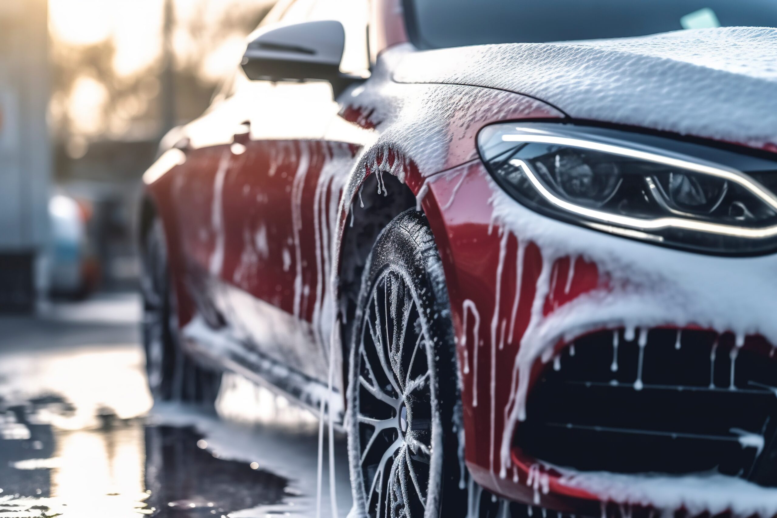 Ein rotes Auto wird professionell gewaschen. KFZ Kurz-Schweiggers